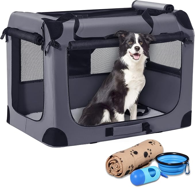 Petprsco Portable Dog Crates for Medium Dogs, 32"x23"x23" Travel Dog Crate | Collapsible Dog Crate with Plush Mat, Soft Blanket & Foldable Bowl, Strong Fabric, 4-Sided Vents, 3 Doors, Indoor/Outdoor Use by Petprsco