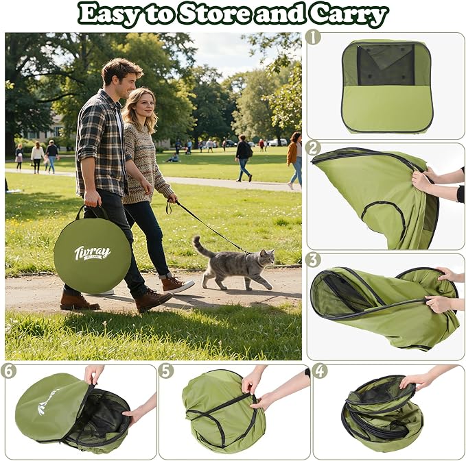 Cat Playpen, 3-in-1 Pop-up Outdoor Cat Enclosure, Green | 2 Rooms & Tunnel, Breathable Mesh, Carry Bag, Interactive Toys, Multi-Entry Doors, Indoor & Outdoor Use for small pets - Image 7