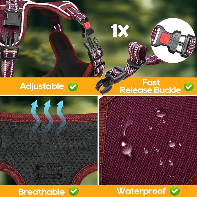 Timos Dog Harness, Front Clip No Pull Medium Sized with Handle, Burgundy, M | No Choke, Adjustable Reflective Soft Padded, Quick Release 3 Buckles, Easy On & Off, Front & Back 2 Clips for Outdoor Walking - Image 7