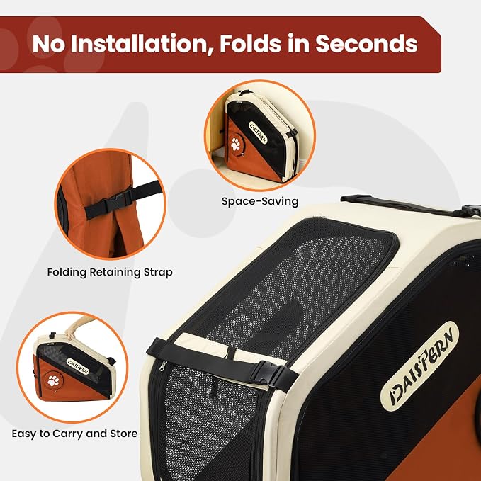 Collapsible Dog Crate for Travel, Portable Pet Crate for Small & Large Dogs, Soft-Sided Car Kennel with Heavy-Duty Metal Frame, Mesh Windows, Feeding/Comfort Access for Backseat Trunk Brown​ - Image 3