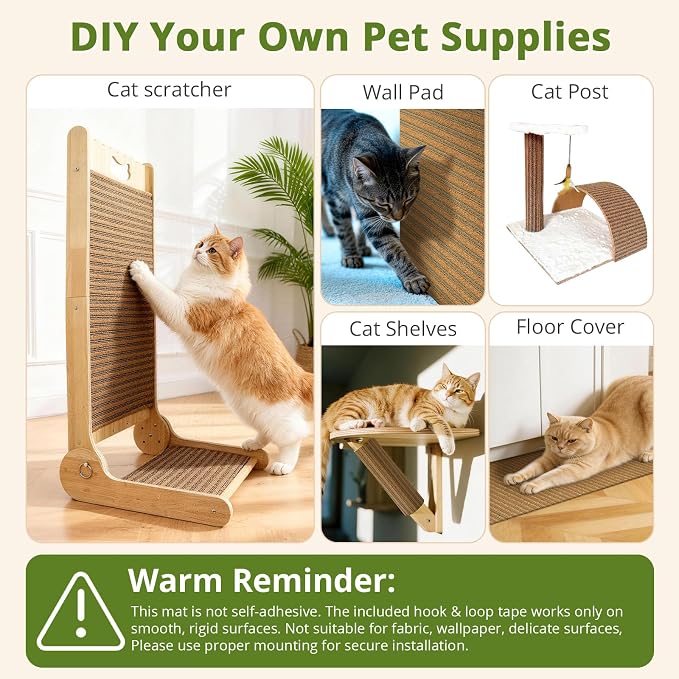 Natural Cork Cat Scratcher Mat with No Pre-Applied Adhesive, Bonus 118inch Hook-Loop Tape. Cat Scratching Toy DIY, Replacement for Cat Tree, Post, Ramp and Wall Shelves (Oak Wood, 39.4 x 11.8 Inch) - Image 5