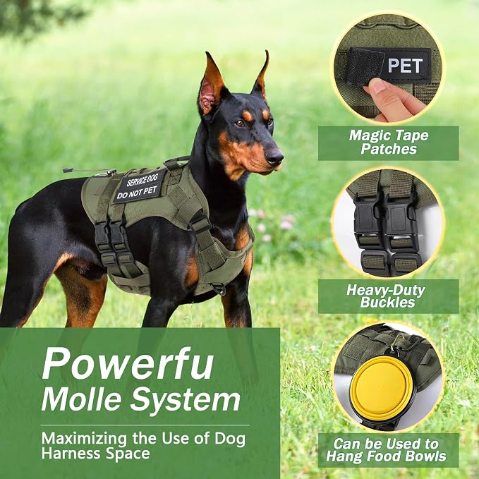 No Pull Tactical Dog Harness Small Sized Dog, Service Dog Vest, S, Green | Tactical Dog Vest Harness and Leash Set, Adjustable Military Service Dog Harness with Handle for Medium Large Dogs - Image 3