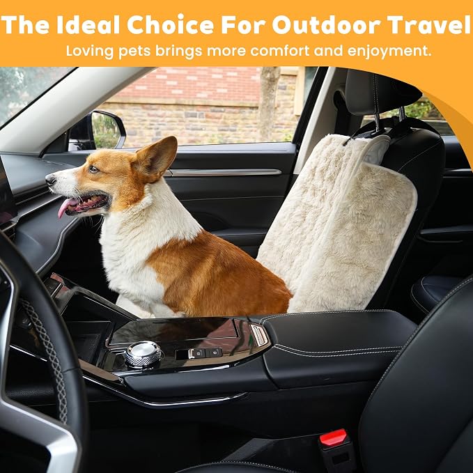 Dog Car Seat Cover, Waterproof Plush Pet Seat Protector, Beige, Front Seat | Faux rabbit fur, waterproof layer, non-slip silicone backing, side flaps, machine washable, fits most cars and SUVs - Image 7