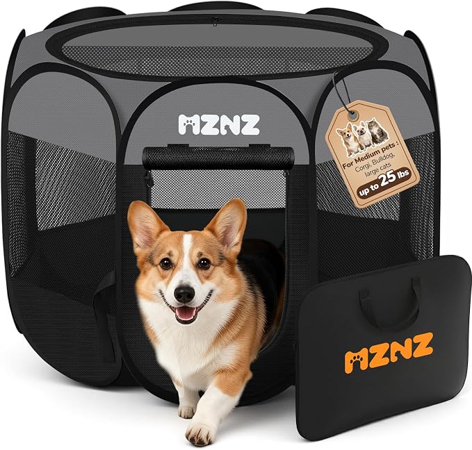 Dog Cat Small Animal Puppy Playpen Crate, Medium, Dark Grey | Portable Pop Up Pet Cage Enclosure Tent Kennel Indoor Outdoor with Carrying Case, No Assembly, Camping Use by MZNZ