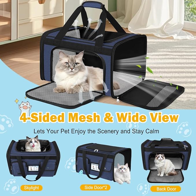 HUANLANG Large Cat Carrier Soft Sided Travel Pet Carrier Airline Approved | Dog Carriers for Small Dogs Medium Cats,Collapsible,3 Storage,zipper lock,Reflective strips,Luggage Strap, Up to 15 Lbs - Image 6