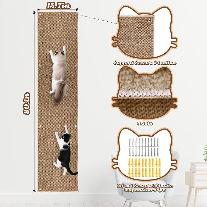 80"x15.7" Cat Wall Scratching Mat, Extra Large Cat Climbing Carpet with 20 Fixed Nails Wall Scratcher Furniture Protector for Couch, Sofa, Home (Brown) - Image 3