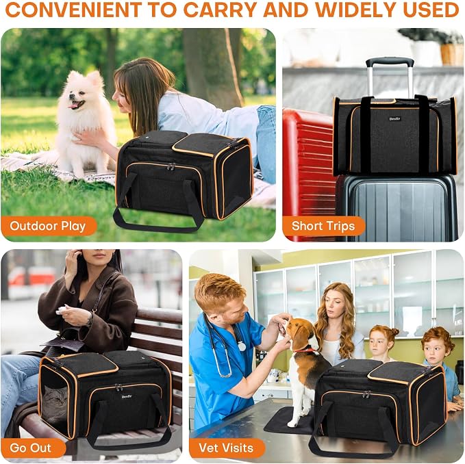 Pet Carrier, Large Soft Sided Expandable Travel Carrier with Steel Frame, Anti-Scratch Mesh, Removable Fleece Pad and Pockets for Cats, Dogs and Small Animals up to 15 lbs (Black, 4 Sides Expandable) - Image 3