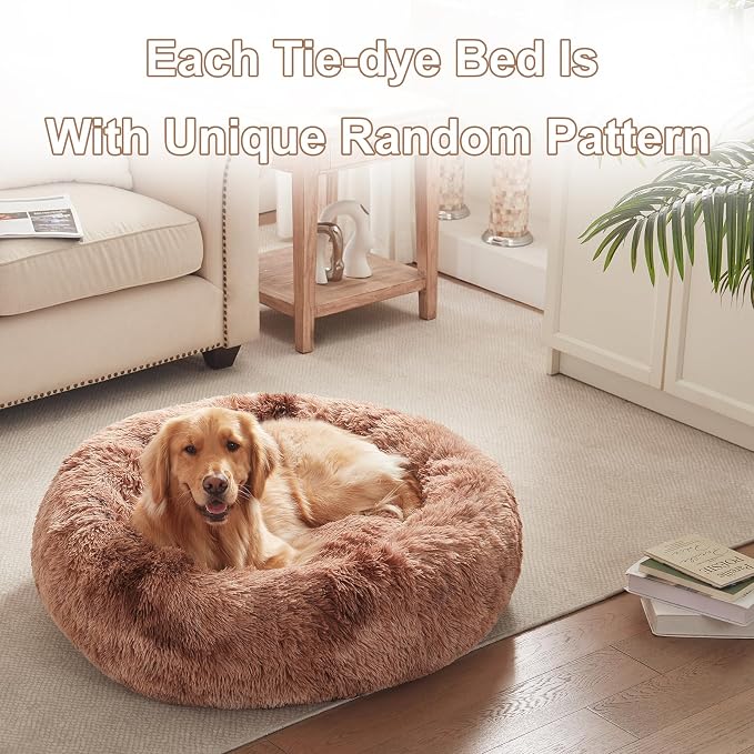 36 in Faux Fur Fluffy Donut Dog Bed for Large Dogs,Tie-dye Brown | Calming Plush Round Pet Bed with Removable & Washable Cover,Fits up to 80 lbs Pets - Image 6