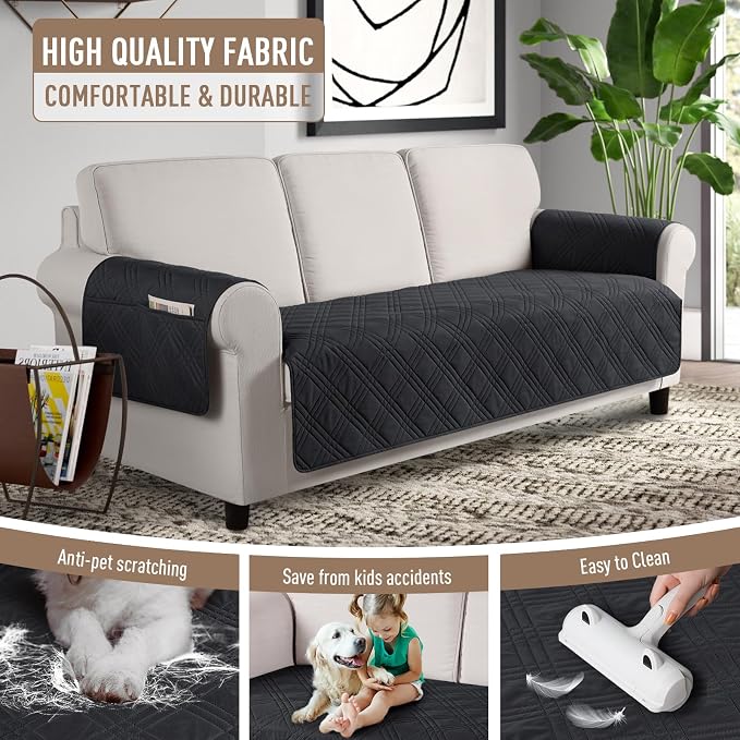 TAOCOCO Waterproof Couch Covers for Dogs, Non Slip Pet Sofa Cover, 72.4'' | Washable Couch Seat Covers with Arms for 3 Cushion Couch, Dog Couch Cover Protector, Pockets & Backless Design, Black - Image 4