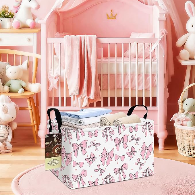 Rectangle Foldable Storage Basket Handles For Home, Pink Bow | Waterproof canvas material, reinforced handles, perfect for shelf use, organizes clothes, daily items and pet supplies - Image 6