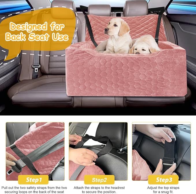 Dog Car Seat for Medium/Large Dog Booster Seat Under 60 lbs or 2 Small Dogs, Multi-Functional Pet Car Seat with Thick Cushion, 2 Safety Leashes (Pink) - Image 5