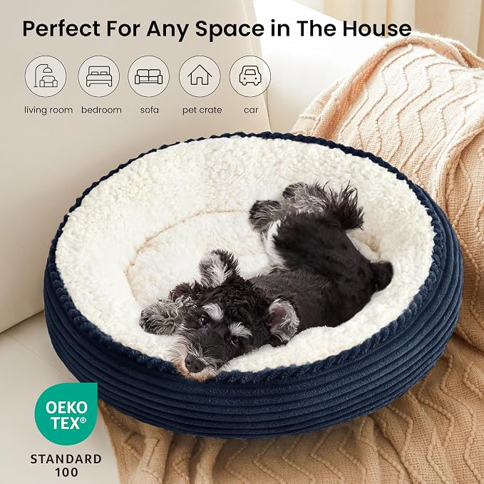 Love's cabin Round Donut Cat and Dog Cushion Bed, 24in Pet Bed for Small or Medium Dogs, Anti-Slip & Water-Resistant Bottom, Soft Durable Fabric Pet Beds, Washable Calming Cat Bed Navy Blue - Image 6