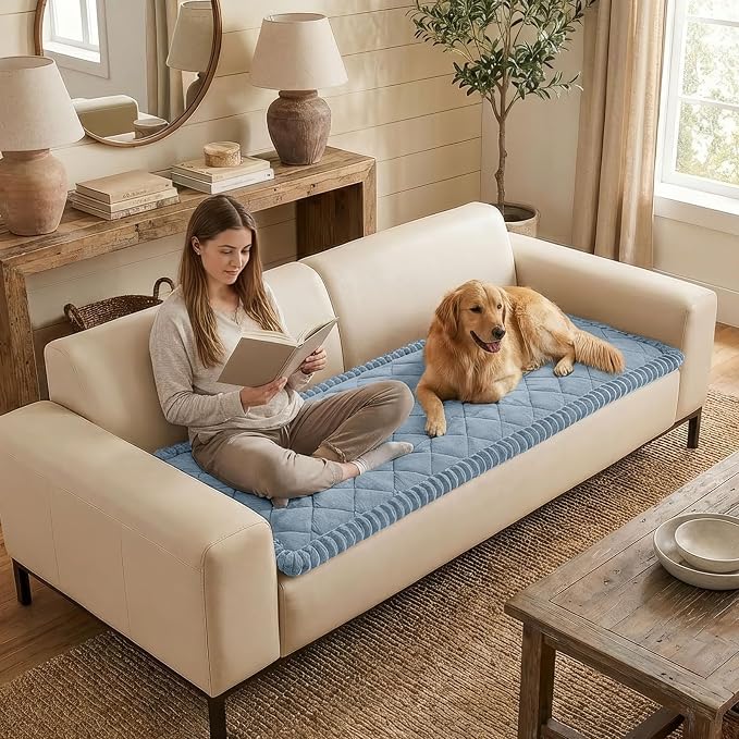 Smiry Non Slip Couch Cover for Dogs, Fuzzy Plush Pet Sofa Protector | Washable Furniture Cover for Large Dogs & Cats, Scratch & Dirt Resistant, For 2 Cushion Couch, Haze Blue, 27.6"x47" - Image 3