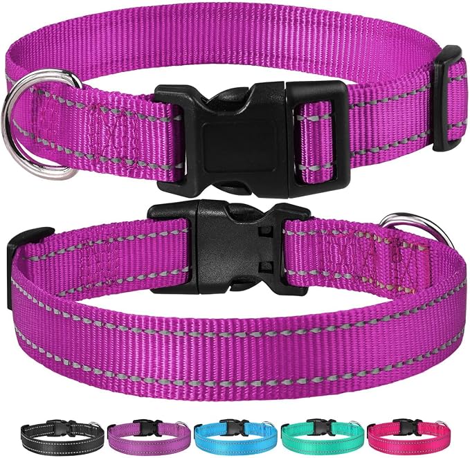 Reflective Dog Collar, Puppy Collar with Buckle Adjustable, Purple L | Breathable Nylon Collars for Small Medium Large Dogs, No Chafing on Walks and Outdoor Hikes, Metal D-Ring, Night Safety - Image 6