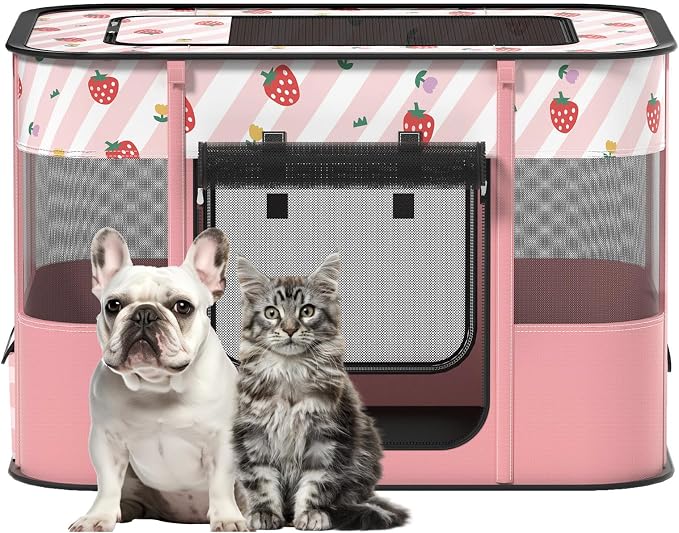Dog and CAT pop Play Pen,Pets Houses for Dogs and Cats,Indoor&Outdoor Exercise Pen Dog Tent Puppy Playground Large (L, Pink) | Portable Dog Kennel with Upgrade Breathable Mesh，Sturdy Kitten Playpen Indoor & Outdoor for Rabbit or Small Animals，Pink by XRG
