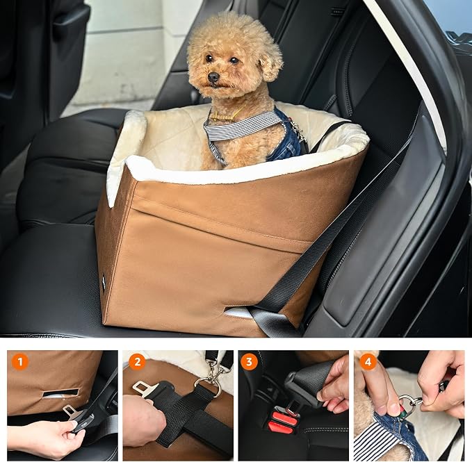 Amazon Basics Dog Car Seat Booster for Small Dogs up to 25lbs, Washable Removable Cover, Safety Leash, Elevated View for Window, 18" x 18" x 16", Tan - Image 8
