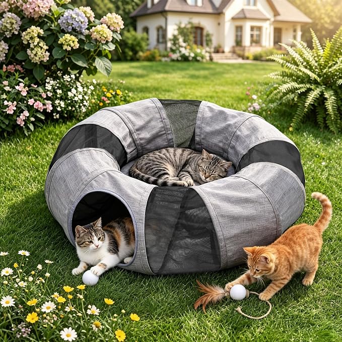 Ownpets Collapsible Cat Tunnel Toy - 2-in-1 Interactive Play Tunnel for Cat up to 18 lbs, Tear-Resistant Mesh, Fold to 2 Inches Thick, Portable Cat Exercise & Entertainment Tunnel, 10" Diameter, Grey - Image 9