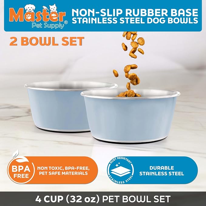 Master Pet Supply Stainless Steel Dog Bowls Set of 2 - Glacier Blue - 32 Oz | Non-Slip Rubber Base, Basic Dog Food Bowl Water & Food Bowls for Small, Medium, Large Dogs & Cats Metal Dish - Image 2