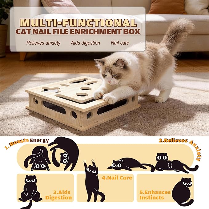 Cat Scratch Puzzle Enrichment Box, Large Solid Wood with Sandpaper Inside | Cat Nail File Enrichment Box with Sandpaper Inside, Cat Nail File Box Stress Free Alternative to Clippers and Grinders - Image 3