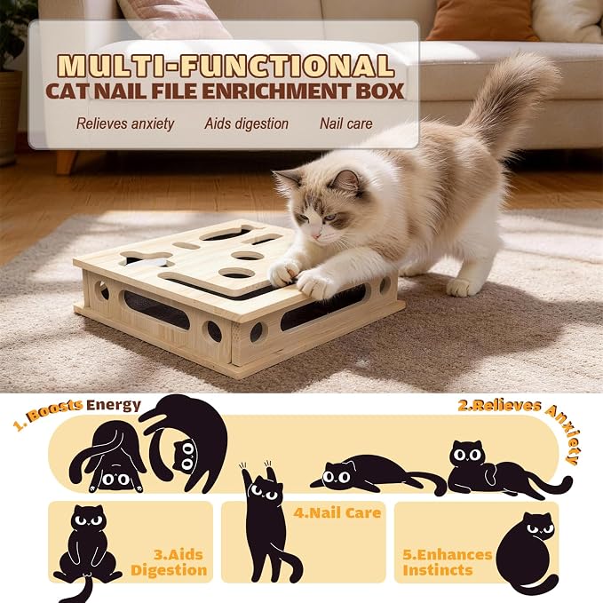 Cat Scratch Puzzle Enrichment Box, Large Solid Wood with Sandpaper Inside | Cat Nail File Enrichment Box with Sandpaper Inside, Cat Nail File Box Stress Free Alternative to Clippers and Grinders - Image 3