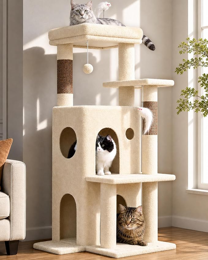 Globlazer Cat Tree Tower for Indoor Cats, 50-inch Adult Cat Tree House for Large Adult Cats with Steps, Scratching Post, 2 Cat Caves, Dangling Toys, FC50, Beige by Globlazer