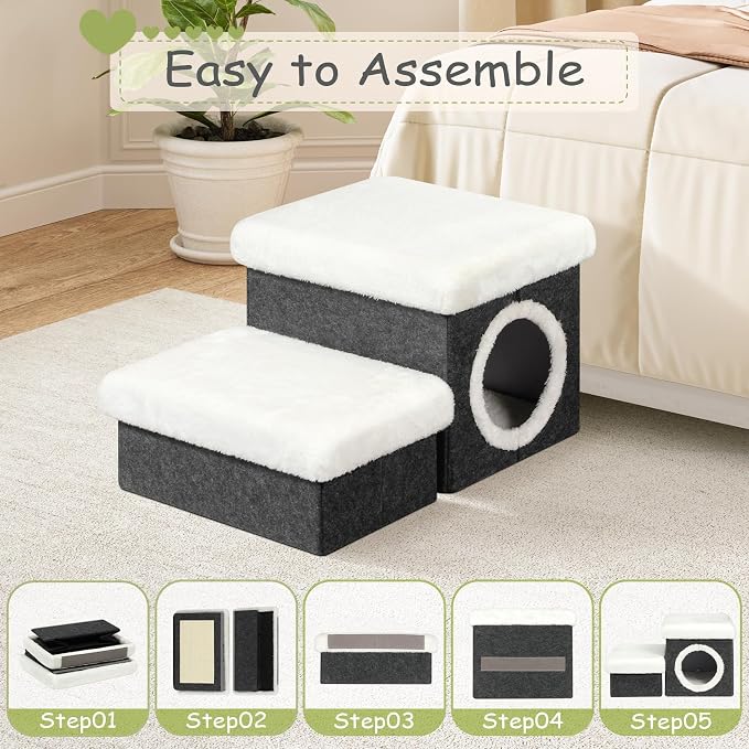 B FSOBEIIALEO Cat House Pet Stairs for Beds Sofa, Foldable Dog Steps 2-Tier With Storage Toy Box, Small Indoor Pet Steps Grey 15.7x12.6x12.6 Inches - Image 3