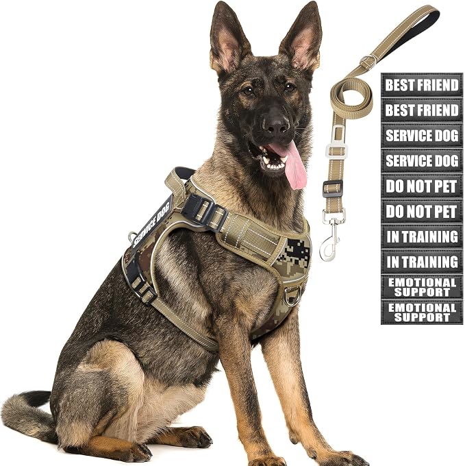 Tactical Dog Harness and Leash Set with 10 Patches for Large Dogs | Heavy Duty No Pull Service Animal Dog Vest with Dog Seat Belt ,Adjustable Reflective Easy Walk for Training Hiking Camo L by MOOGROUPETSFRIEND