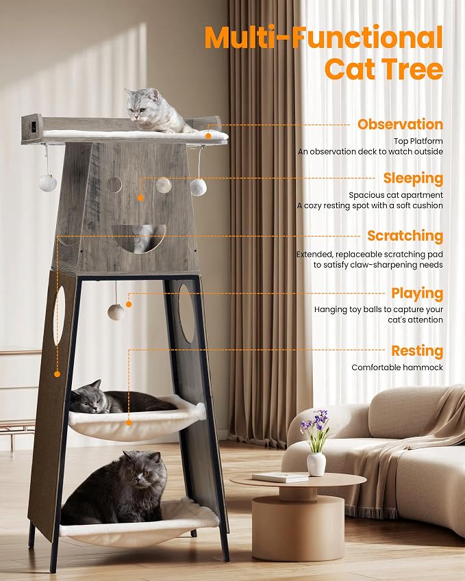 56in Modern Wood Cat Tree Tower for Indoor Cats with Hammock | Multi-Level Climbing Design, 2 Spacious Hammocks, Top Perch, Cat Condo, Scratching Boards, Ideal for Multi-Cat Homes,Greige - Image 7