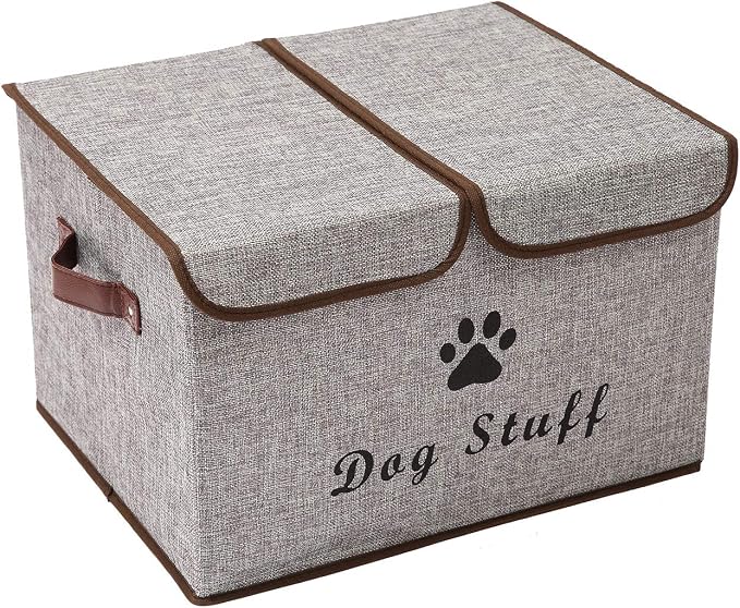 Large Dog Toys Storage Box Canvas Storage Basket Bin Organizer with Lid - Collapsible Linen Bin Ideal for Organizing Dog Cat Toys and pet Stuff-PP Boad-17" x 12" x 10" - Gray by Brabtod