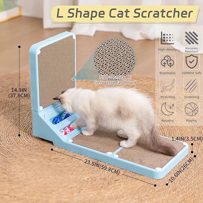 Cat Scratcher Cat Scratch Pad L Shape Wall Mounted Dual Use (Vert/Horiz) Kitten Bunifa Scratching Card Board Vertical Post with Ball Toys Feathers,Protecting Furniture Core is Replaceable Large Blue - Image 2