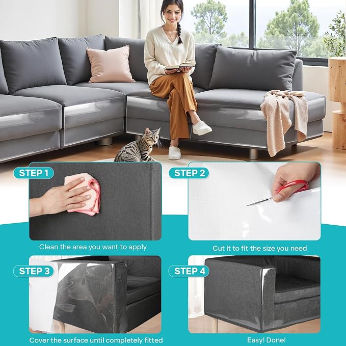 Anti-Cat Scratch Furniture Protector - Clear Vinyl Couch Protector from Cat Claws, Scratch Deterrent Tape for Sofa Corners, Single-Sided Sticky Couch Protector for Cats (200"x 8.3") - Image 5