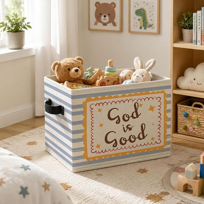 Christian Storage Bins Box, Sweet Faith Collapsible Organizer Basket | cheerful uplifting storage box basket for books clothes, light blue striped organizer for nursery bedroom playroom, 10x14 in - Image 5