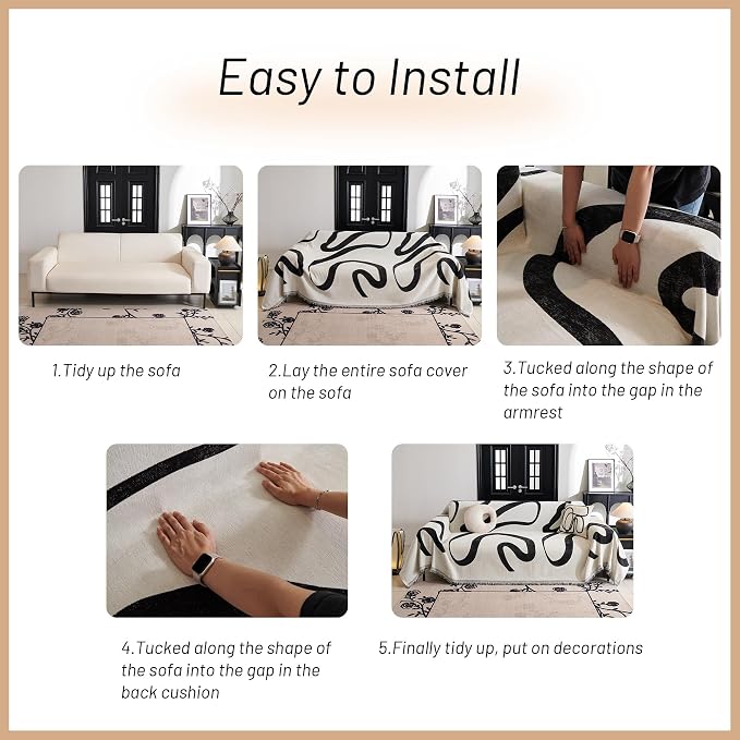 MYSKY HOME Couch Cover for 3 Cushion Couch Sofa Cover, Super Soft Boho Couch Covers for Dogs Washable, Jacquard Sofa Slipcover Furniture Protector for Living Room, 91" x 118", Black Curve - Image 6