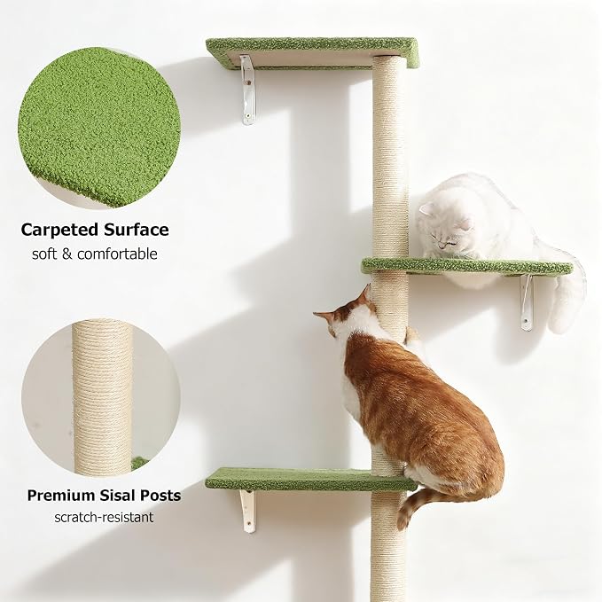 Wall-Mounted Cat Tree, 69-Inch Sisal Scratching Post, 4-Tier Carpet Perches | Cat Wall Furniture,Fit Corner Space, Vertical Territory For Indoor Cats Climbing Instincts & Active Exercise,Hold up to 50lbs - Image 6
