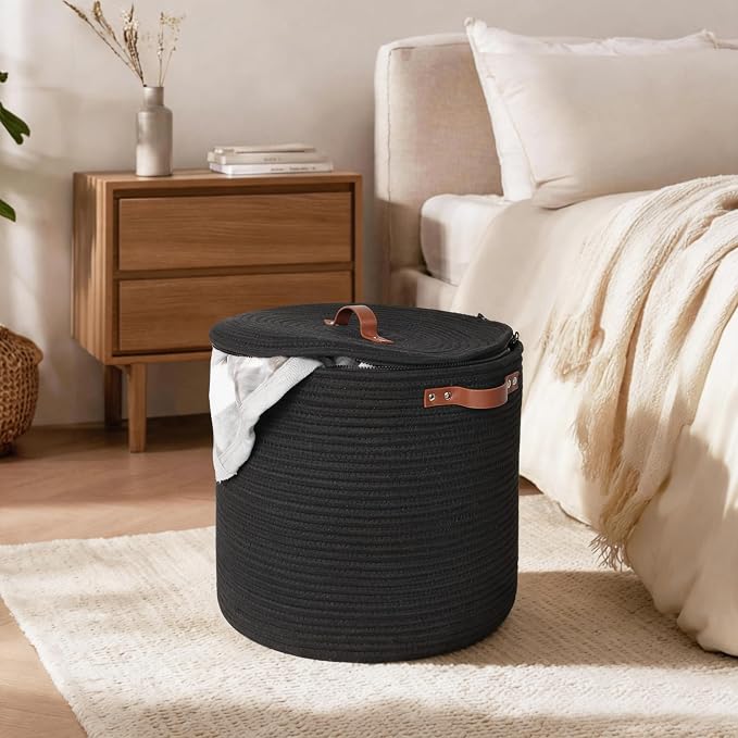Storage Basket with Lid, 15"x13" Round Woven Blanket Storage for Living Room, Decorative Cotton Rope Hamper with Zipper Top, Black Laundry Basket with Lid, Floor Covered Kids Dog Toy Bin Box - Image 7