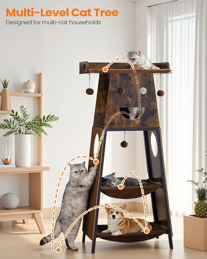 56in Modern Wood Cat Tree Tower for Indoor Cats with Hammock | Multi-Level Climbing Design, 2 Spacious Hammocks, Perch, Cat Condo, Scratching Board, Ideal for Multi-Cat Homes, Rustic Brown - Image 7