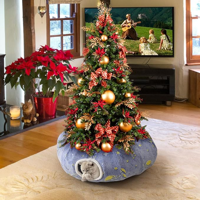 Under Christmas Tree Large Cat Tunnels Bed Tube for Indoor Cats Glows in The Dark Cat Tunnel with Cushion and Plush Ball Toy Toys for Dog Puppy Kitten Rabbit Bunnies Ferret Pet Blue - Image 7