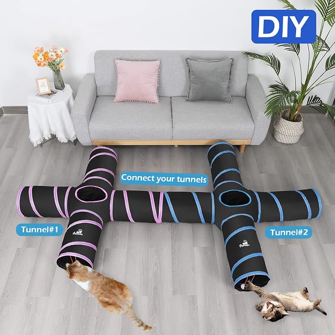 Pawaboo Cat Tunnel Tube 4 Way, 25x53cm, Blue | Extensible Collapsible, Interactive Toy Maze Cat House, With Balls and Bells, For Cat Kitten Kitty Rabbit Small Animal - Image 3