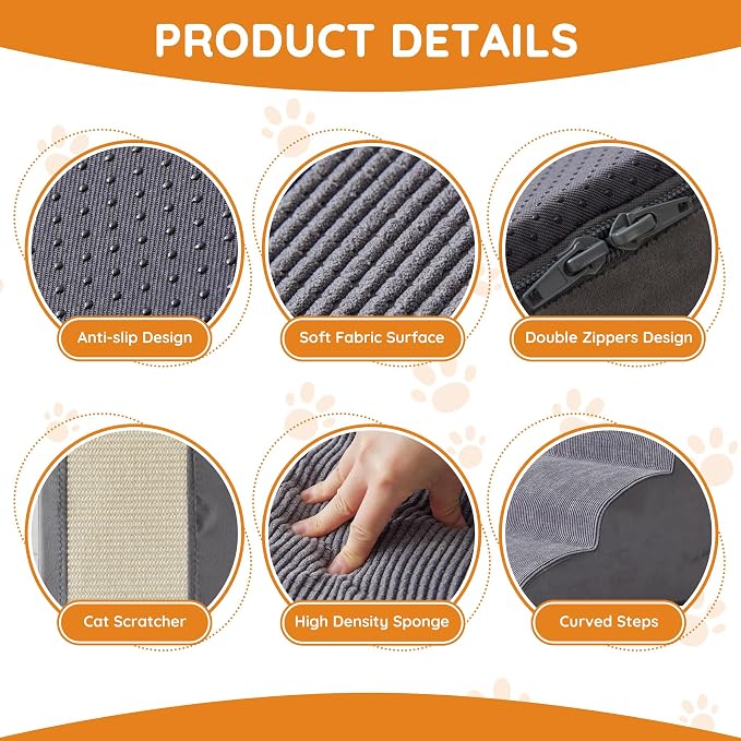 Dog Stairs for Small Dogs 19.7" H, Dog Ramp for Bed, 4-Step, Grey | Dog Steps for Bed, Couch, Pet Stairs with Non-Slip Bottom Design, Cat Scratching,High Density Foam Portable Pet Steps, Indoor - Image 3