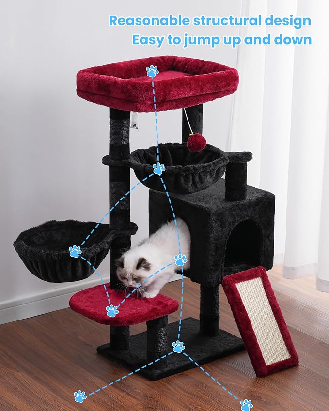 Hey-brother Cat Tree Tower with Large Bed, Hammocks, Scratcher, MPJ006SBR | 35.4 Inches Cat House with Cozy Condo, Sisal Scratching Posts for Indoor Cats, Black and Red - Image 8