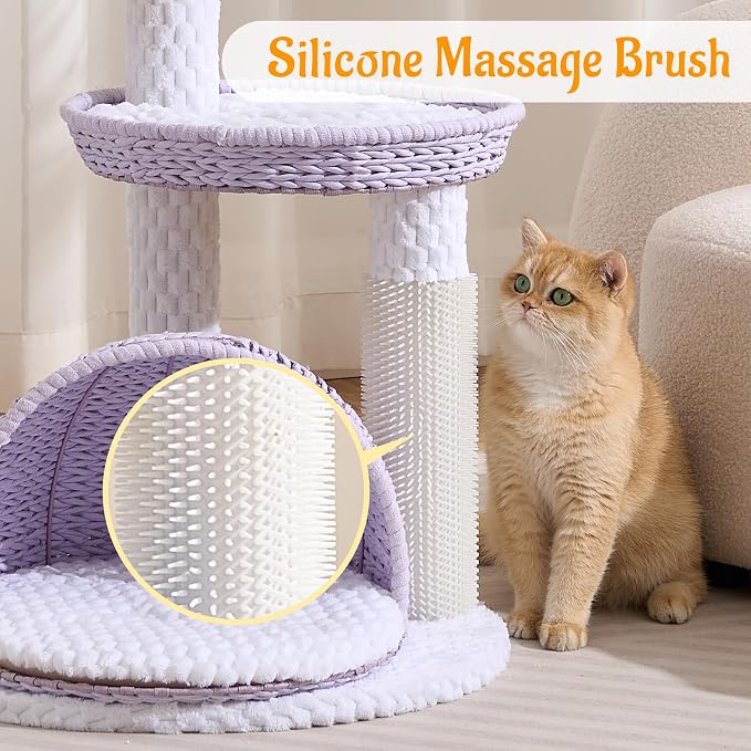 Modern Cat Tree Tower with Scratching Post, 46 Inches Tall Cat Towers with Woven Cat Nests and Cave, Multi-Level Cat Tree With Removable Cushions and Massage Brush for Indoor Cats Large Adult. - Image 6