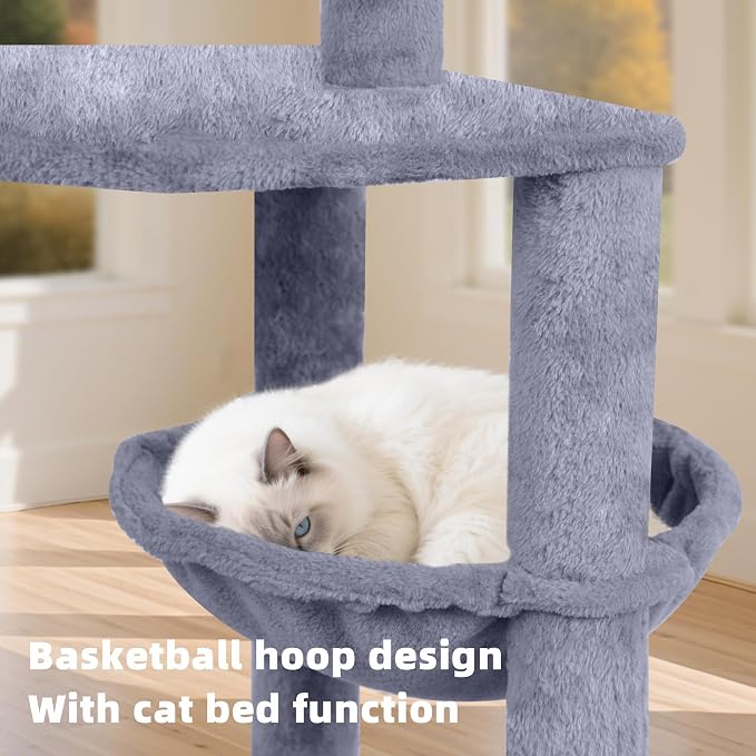 TWDEPART 55" All-in-One Cat Tree Tower with Scratching Board & Posts Cozy Sleeping Perch Hammock and Toy Balls,Grey - Image 6