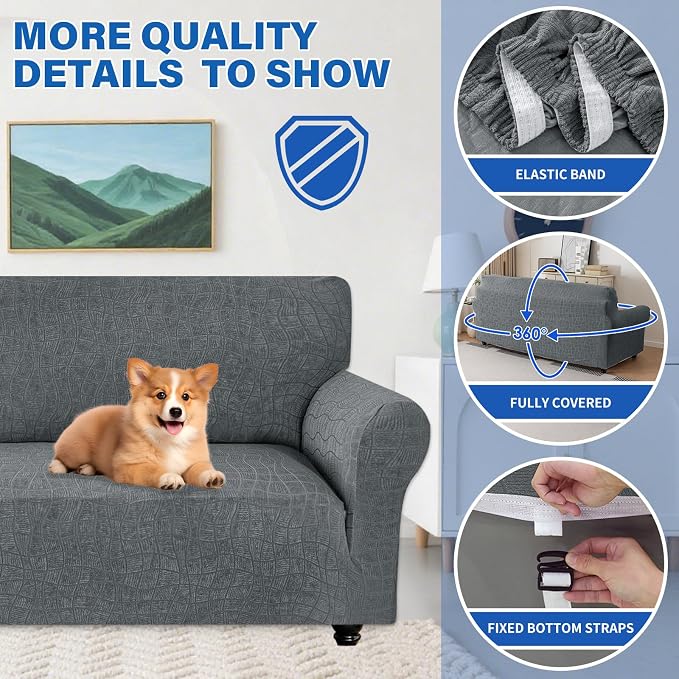MAXIJIN Waterproof Loveseat Cover Couch Covers, 1 Piece Stretch Love Seat Sofa Slipcovers with Non-Slip Elastic Bottom, Washable Furniture Protector for Dogs Pets (Medium, Light Gray) - Image 4