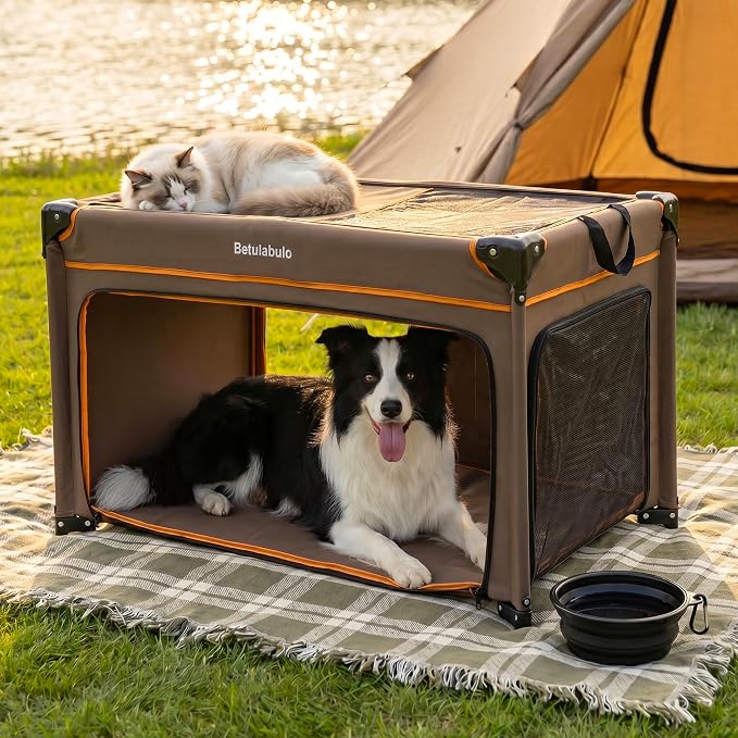 36 Inch Collapsible Travel Dog Crate, 4 Doors & Soft Pet Mat | Portable Dog Travel Crate for Medium Dogs,Large Storage Bag & Breathable Mesh,Soft Sided Dog Crate for Indoor & Outdoor Khaki - Image 2