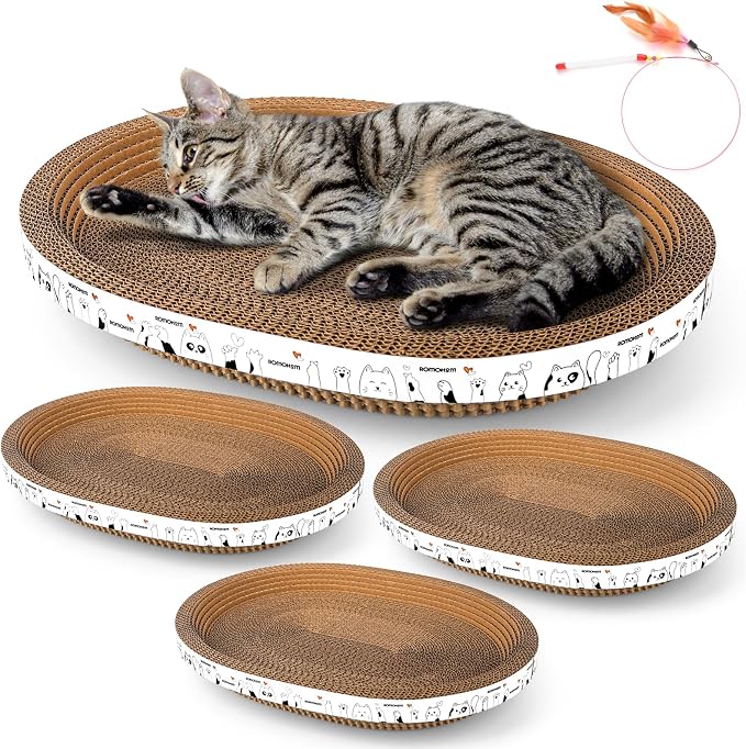 3 Pack Oval Cardboard Cat Scratcher & Lounger Bed, High-Density Cat Scratching Board & Lounge Bed, Ergonomic Scratch Pads for Indoor Cats Claws Care, Furniture Couch Protector from Cat Claws by ROMOHOM