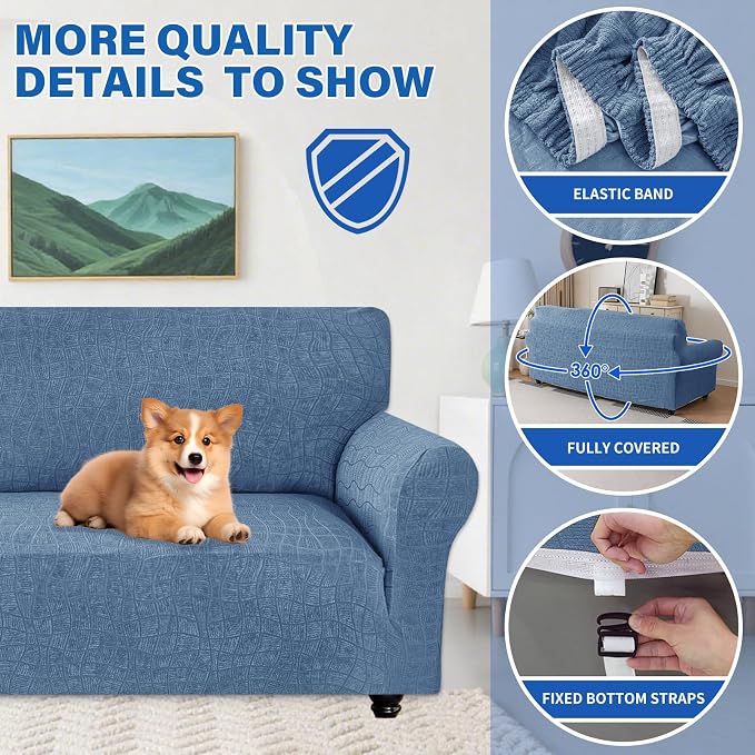 MAXIJIN Waterproof Couch Cover for 3 Cushion Couch, 1 Piece Stretch Sofa Covers Slipcovers with Non-Slip Elastic Bottom, Washable Furniture Protector for Dogs Pets (Large, Dusty Blue) - Image 4