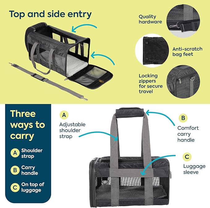 Sherpa Pet Carrier Airline Approved with Spring Wire Frame - Cat Carrier and Dog Carriers for Airline Travel and Vet Visits, Mesh Ventilation, Locking Zippers - Charcoal Grey, Large - Image 4
