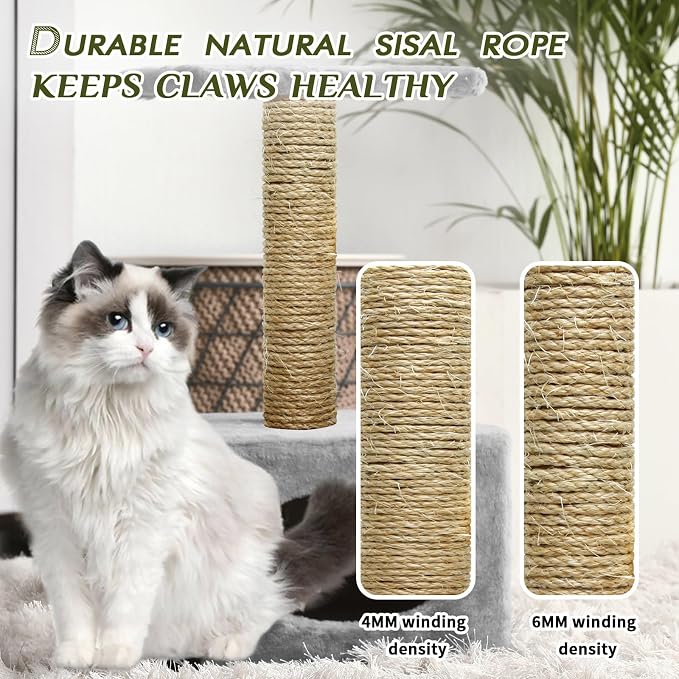Natural Sisal Rope 1/4 Inch by 65-Feet for Cat Scratching Post Tree Tower Replacement Repair and Replace, DIY Hemp Twine Rope for Kittens Shelves Furniture Window Bed Perch Hammock cave, 6mm by 20m - Image 4