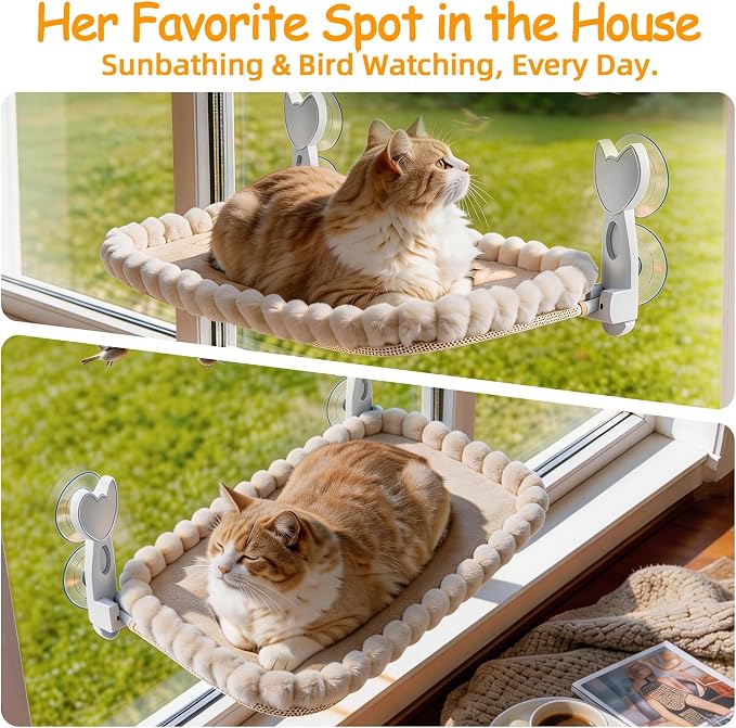 Cat Window Perch - Beige Cordless Foldable Cat Window Hammock for Large Cats, Sturdy Metal Frame Hanging Cat Bed, 40 lbs Capacity - Image 2