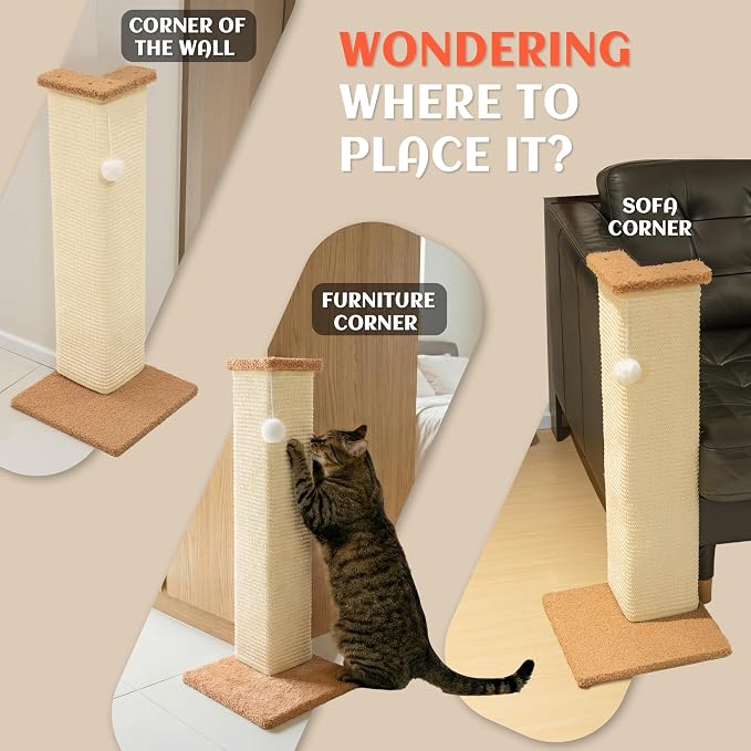 PETKARAY Couch Corner Cat Scratcher, 28.5" Sisal Scratching Post for Indoor Cats, Corner Wall Scratch Pad for Furniture Protection, Plush Base, Large - Image 6